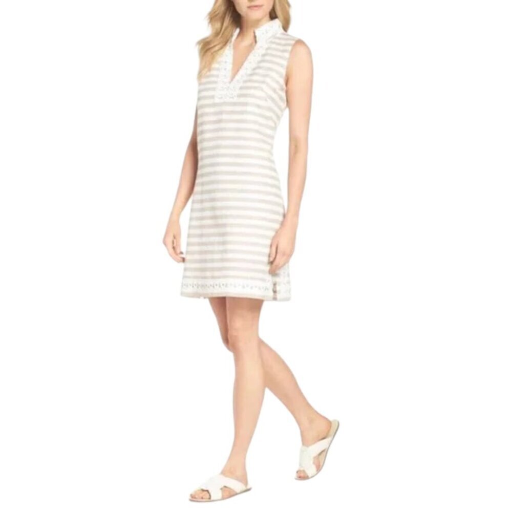 Eliza J. Linen Cotton Stripe Sheath Dress Sleeveless Lace Trim Tan White